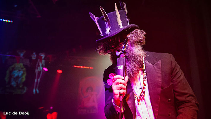 the resident host Mr Weird Beard at the Los Muertos Halloween edition of the International Burlesque Circus