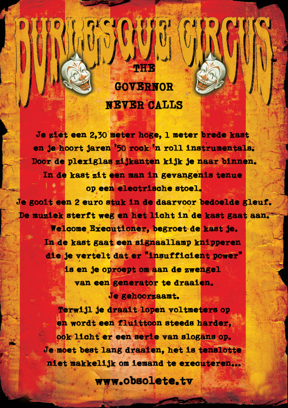 Je ziet een 2,30 meter hoge, 1 meter brede kast en je hoort jaren '50 rock 'n roll instrumentals. Door de plexiglas zijkanten kijk je naar binnen. In de kast zit een man in gevangenis tenue op een electrische stoel. Je gooit een 2 euro stuk in de daarvoor bedoelde gleuf. De muziek sterft weg en het licht in de kast gaat aan. Welcome Executioner, begroet de kast je. In de kast gaat een signaallamp knipperen die je vertelt dat er "insufficient power" is en je oproept om aan de zwengel van een generator te draaien. Je gehoorzaamt. Terwijl je draait lopen voltmeters op en wordt een fluittoon steeds harder, ook licht er een serie van slogans op. Je moet best lang draaien, het is tenslotte niet makkelijk om iemand te executeren. Als je voldoende vermogen hebt opgebouwd, roept de kast: Allright mister McCurdy, it's time to meet the maker! Je mag nu de schakelaar over halen. Het licht dimt, de pop schudt, het hoofd gaat op en neer en de handen bewegen. Lichten flitsen waar de electroden zijn huid raken en het geluid van electriciteit en vonken komt uit de luidspreker. De ampère meters slaan uit terwijl de voltmeters teruglopen. Tenslotte komt er rook uit het hoofd van de geëxecuteerde. Daarna staat alles 20 sec stil, de pop laat zijn hoofd naar beneden hangen, er is geen geluid. Dan gaat het licht uit en komt de muziek terug. Alles is klaar voor een nieuwe ronde.